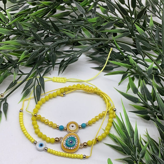 Yellow set of 3/evil eye bracelet